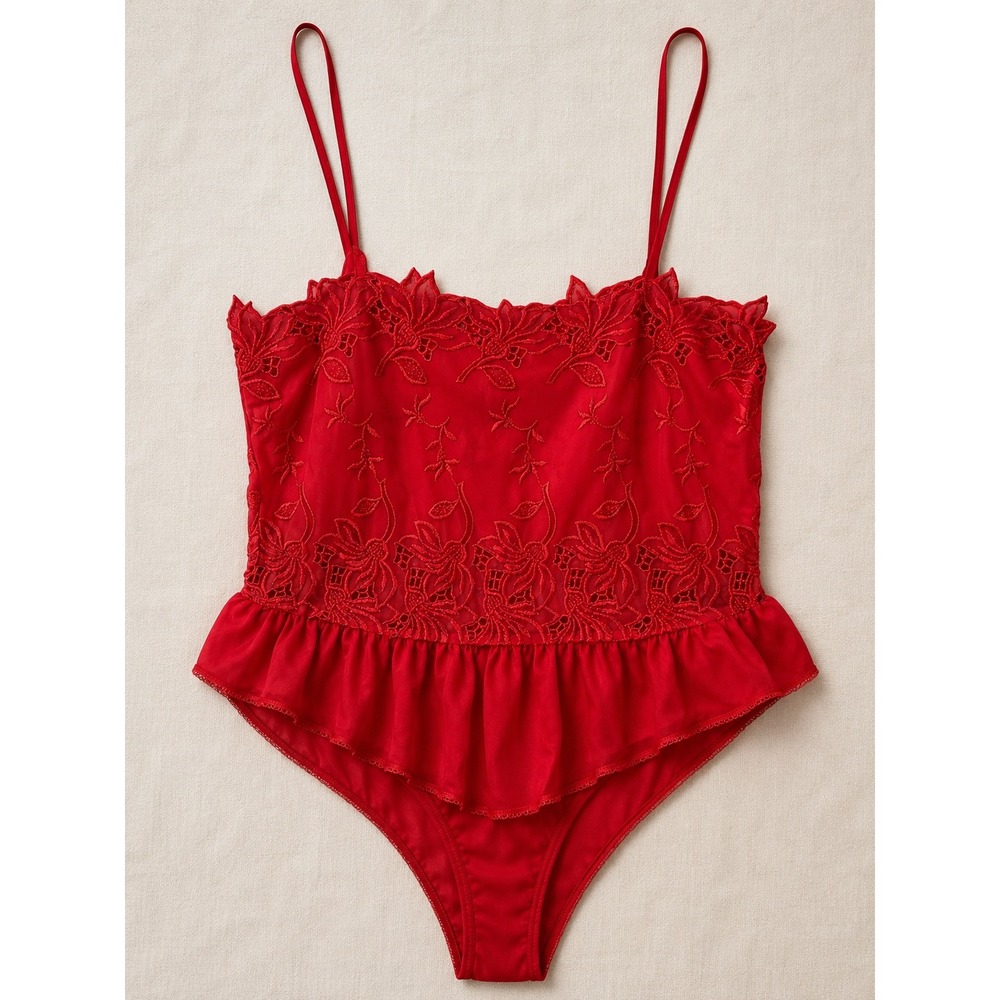 Vintage Victoria's Secret Gold Crown Label Bodysuit Sz L Red Embroidered Lace
